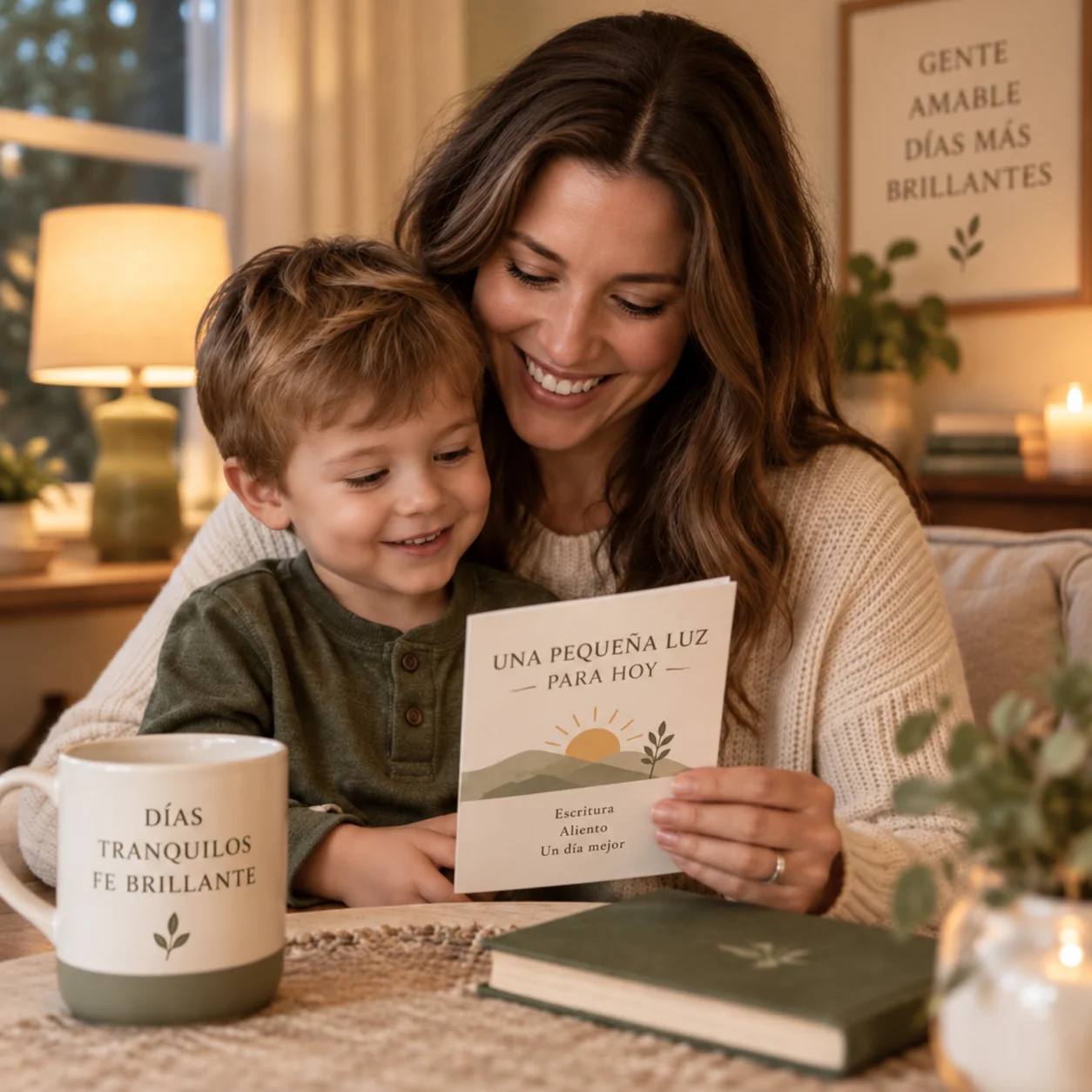 Madre e hijo leyendo juntos una carta devocional